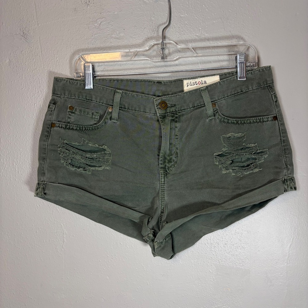 Pistola Distressed Denim Shorts Womens M Olive Green Cuffed Button Fly‎ USA Made